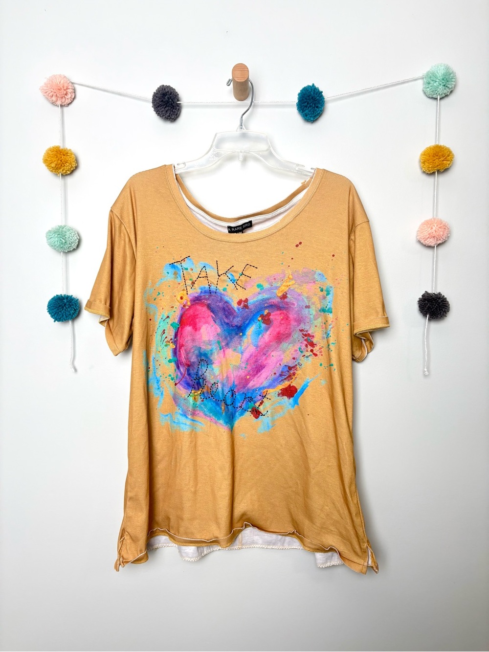 A Rare Bird Take Heart Multicolor Graphic Embroidered Mustard Tee